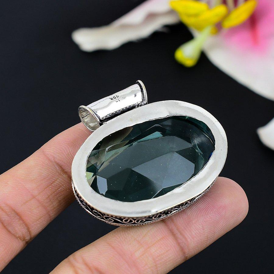 Aqua Apatite Gemstone Handmade 925 Sterling Silver Jewelry Pendant 2.29" KG-117