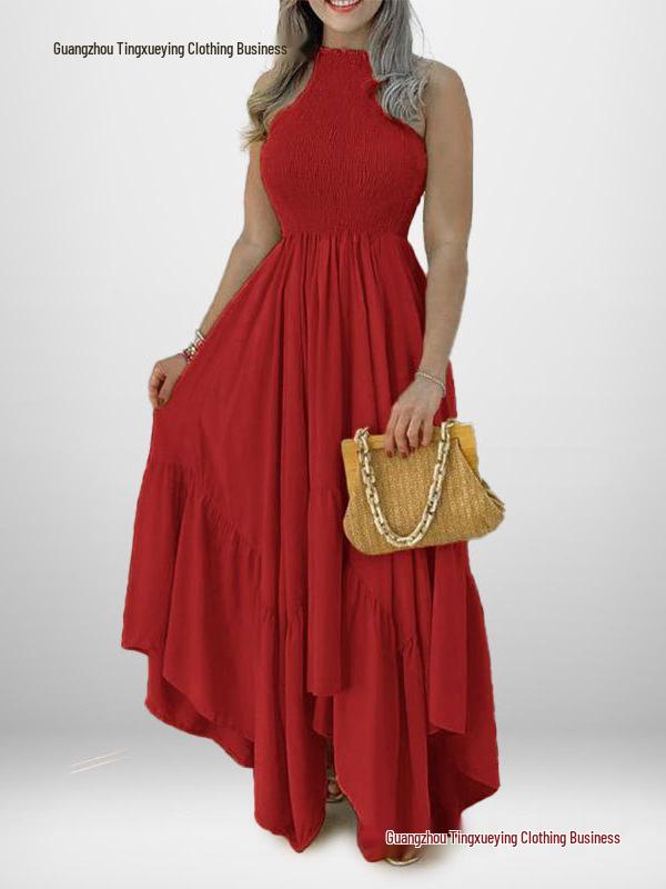 2026 Women's European & American Spring Dress - High Waist, Short Sleeve, Printed Long Design