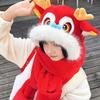 Dragon & Lion Dance Scarf Hat for Women Plush Ear Flap Hat for Girl Universal Windproof Warm Hat for Outdoor Activity