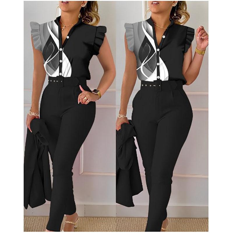 Elegant Women Two Piece Set Suits Fashion Printed Ruffle Sleeve Top Solid Color Pants Set with Belt Blouses Female Clothing