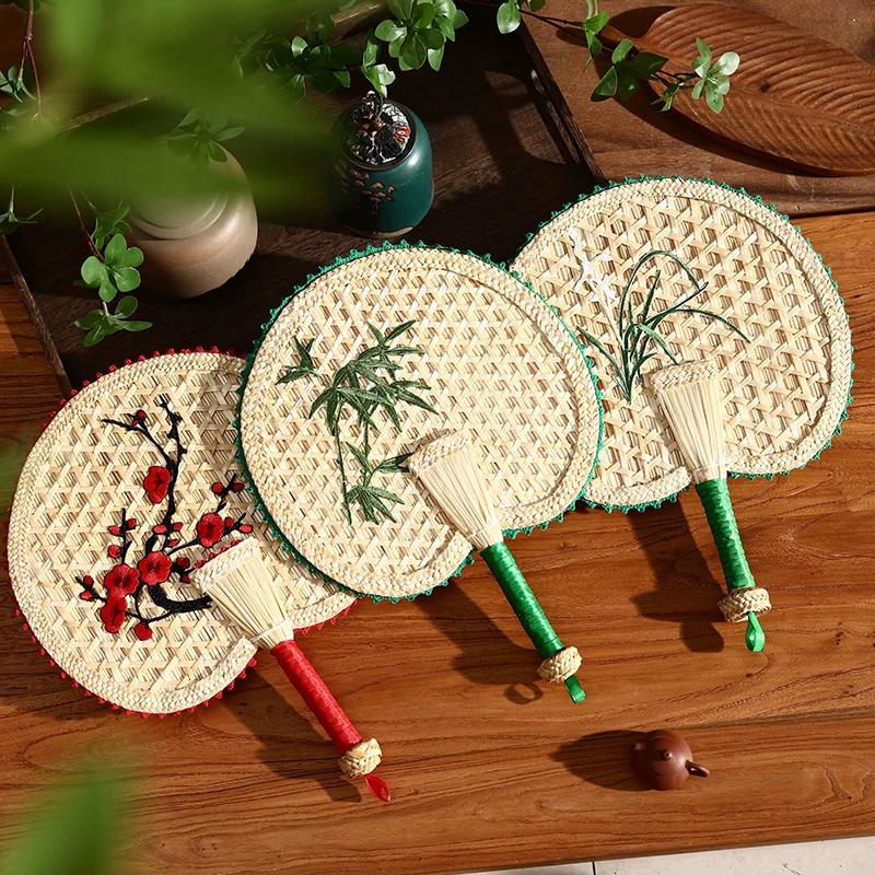 Hand-Woven Traditional Fan with Ancient-Style Embroidery, Portable Hanfu Fan, Trendy Chinese Style, High-End Summer Mosquito-Repellent Fan
