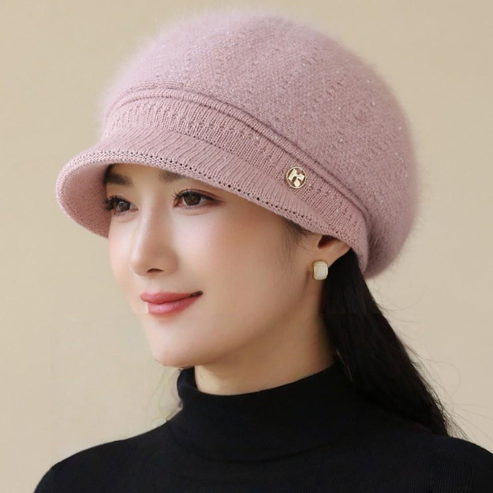 New Women Fashion Winter Warm Hat K Letter Plush Fur Lined Warm Hats For Women Casual Rabbit Fur Blend Outdoor Dandy Knitted Cap
