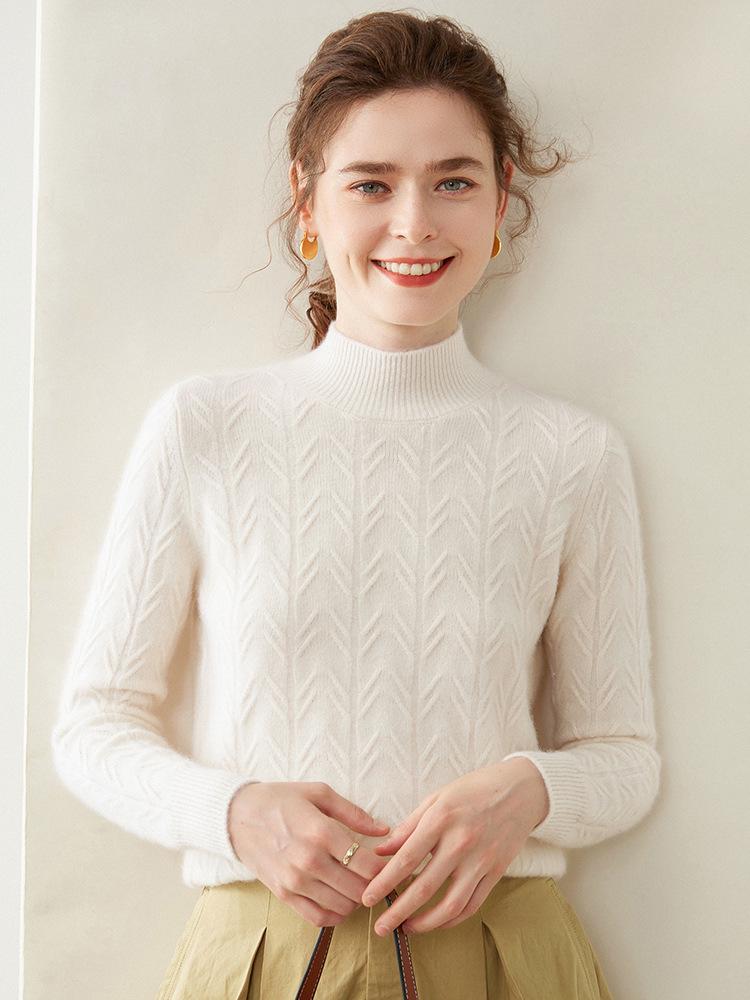 Women's 2025 Double-strand Thick Branch Pattern Half-high Collar Cashmere Wool Knit Sweater
