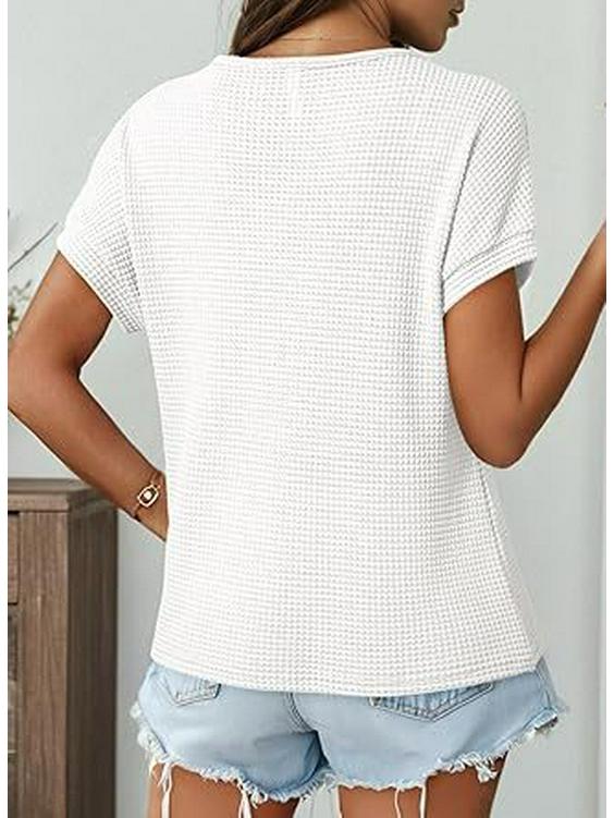 European & American Women's Waffle Knit V-Neck Short Sleeve Shirt