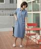 Ppaeppae Collared Neck Pocket Short Sleeve Shirt Denim Long Dress