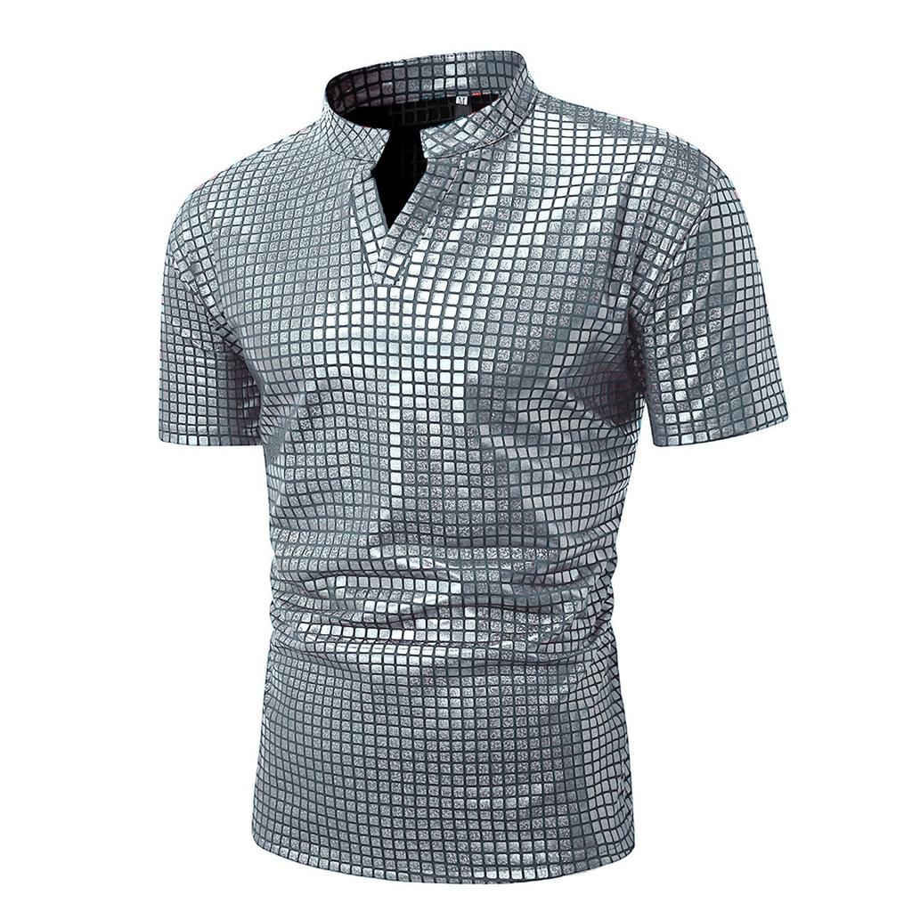 Men's Summer Plaid Tops Printed Shiny Men's Tops Casual T-shirts Men