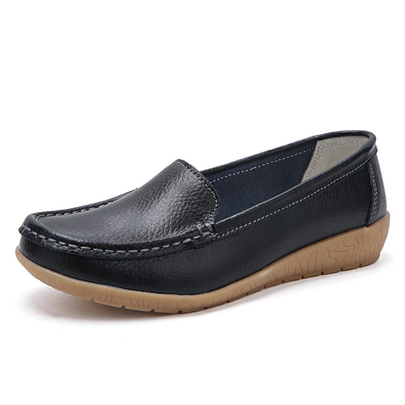 Large Size Women's Shoes Four Season Flat Single Shoes Genuine Leather Beans Shoes Middle-aged and Elderly Soft Sole Mother's Shoes