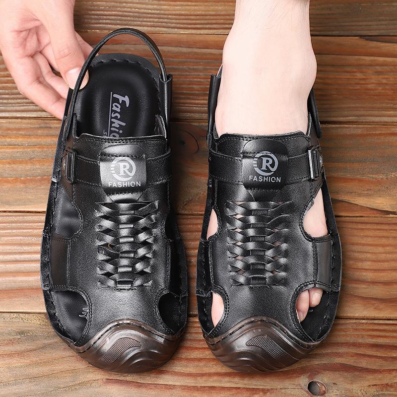 2025 Summer New Beach Shoes First Layer Cowhide Men's Sandals Genuine Leather Bag Head Leather Shoes Cowhide Sole Non-slip Cool Slippers