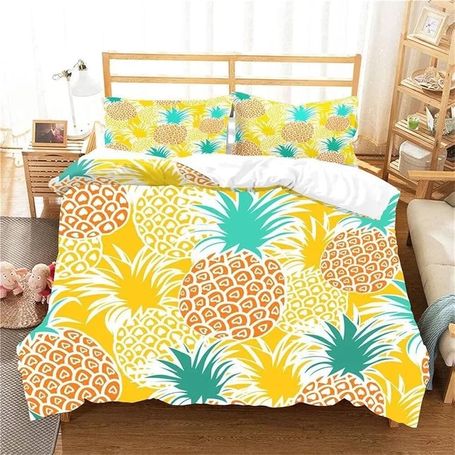 Cartoon Pineapple Duvet Cover Cute Tropical Fruit Pineapple Bedding Set Twin for Girl Teen Delicious Summer Food Comforter Cover