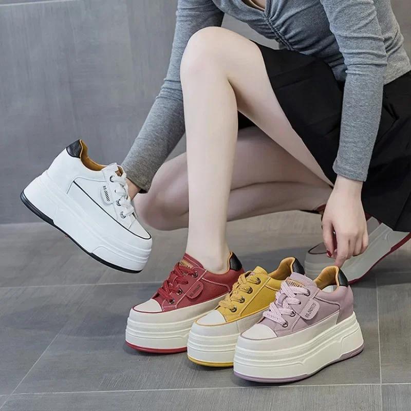 Fashion Retro 9cm Cow Suede Genuine Leather Women Vulcanized Shoes Platform Wedge Skate Boarding High Brand Heels Casual Stable Shoes