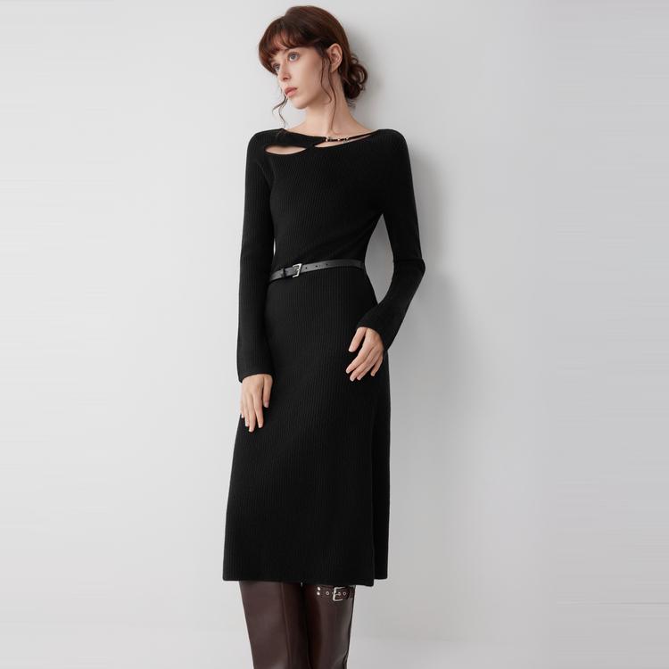 ELLE French Irregular Fashion Design Off-Shoulder Casual Versatile Waist-Defined Knitted Long Dress Long Sleeve Dress Women dresses EL52653