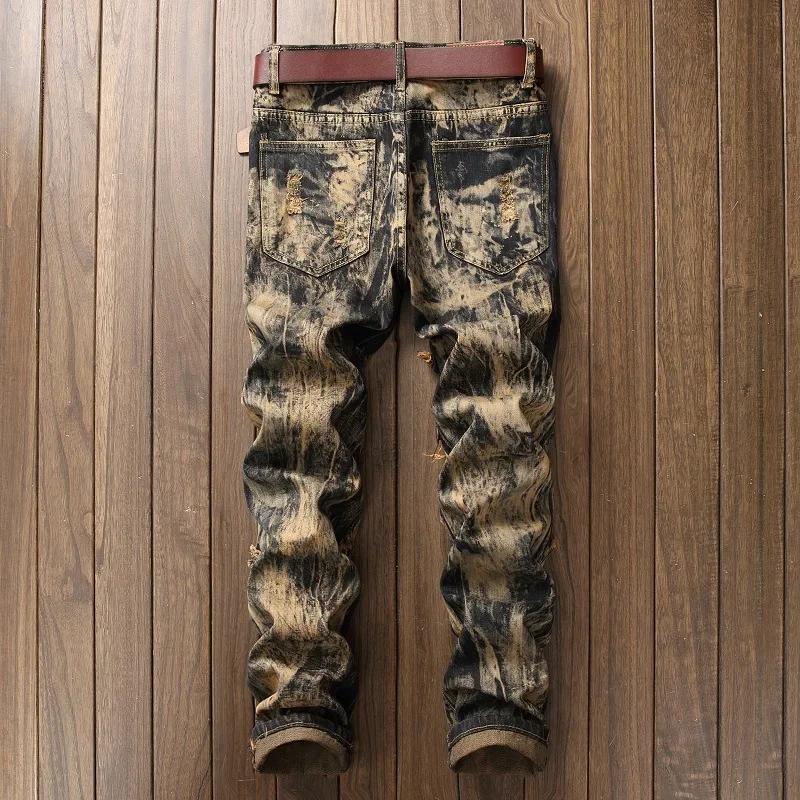 Jeansi Drepți Vintage Bărbați Găuri Moto Biker Pantaloni Denim Modă Tie-Dye Jean Pantaloni Fără Curea