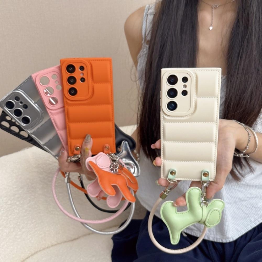 Leather Cartoon Dog Wrist Strap Phone Case for Samsung Galaxy S26 Ultra S25 S24 Plus S23 FE S22 A17 A07 Down Jacket Soft Cover