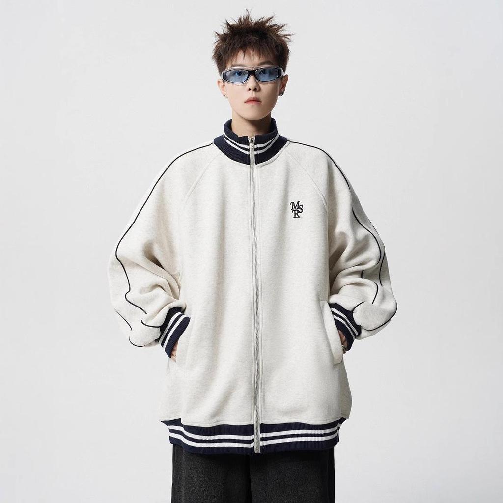 Pánská retro vysokoškolská pruhovaná baseballová bunda - Zimní fleecem podšitý vyšívaný svrchní oděv