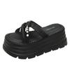 Fashion 8CM High Platform Slippers Women 2025 Summer New Thick-soled Ladies High Heels Beach Sandals Pearl Silk Ethnic style Flip Flops