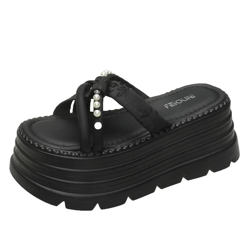 Fashion 8CM High Platform Slippers Women 2025 Summer New Thick-soled Ladies High Heels Beach Sandals Pearl Silk Ethnic style Flip Flops