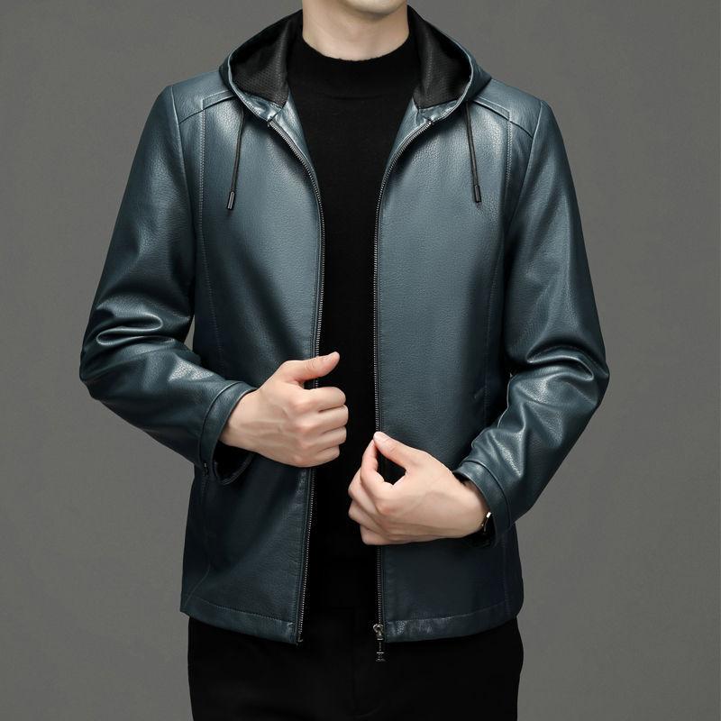 Jaqueta de couro genuíno masculino pai jaqueta de inverno casual com capuz jaqueta de pelúcia meia-idade primavera e outono grande jaqueta de couro