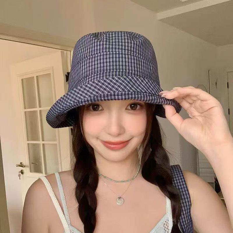 New Summer Women'S Plaid Rolled Brim Bucket Hat Wide-Brimmed Quick-Drying Sun-Protective Hat