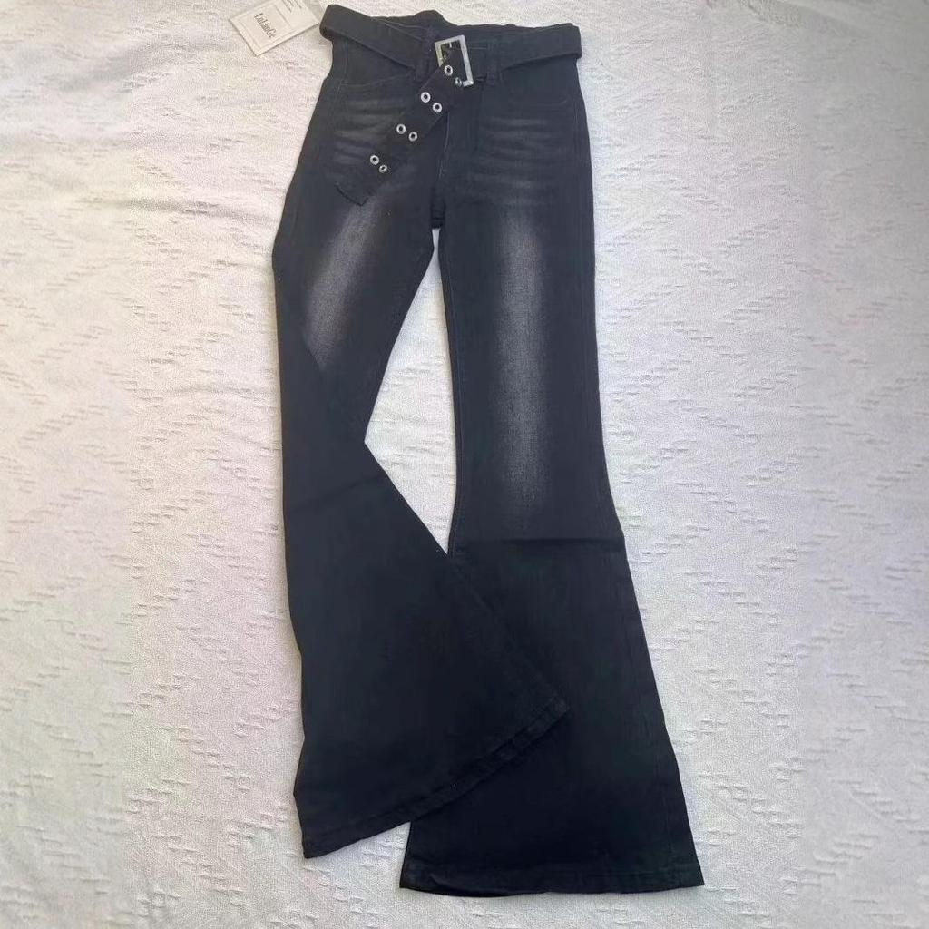 High Waist Retro Black Flare Jeans with Belt - Women's Slimming Floor-Length Pants
