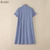 ZANZEA Women Plaid Print Casual Turn Down Collar Short Sleeve Dress