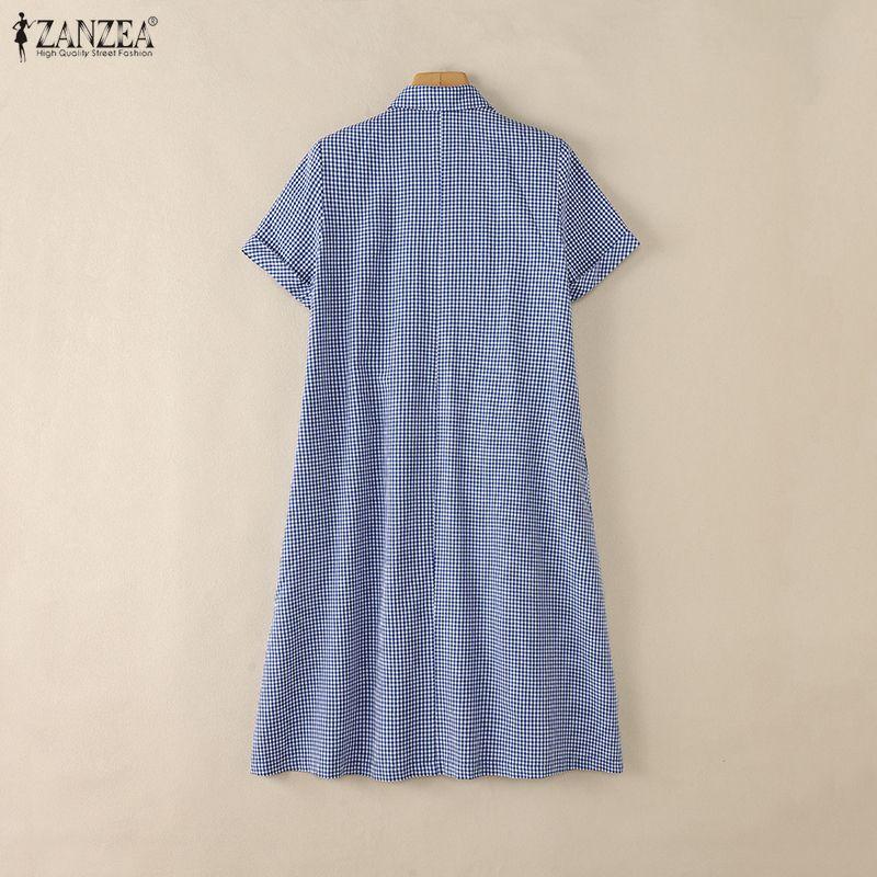 ZANZEA Women Plaid Print Casual Turn Down Collar Short Sleeve Dress
