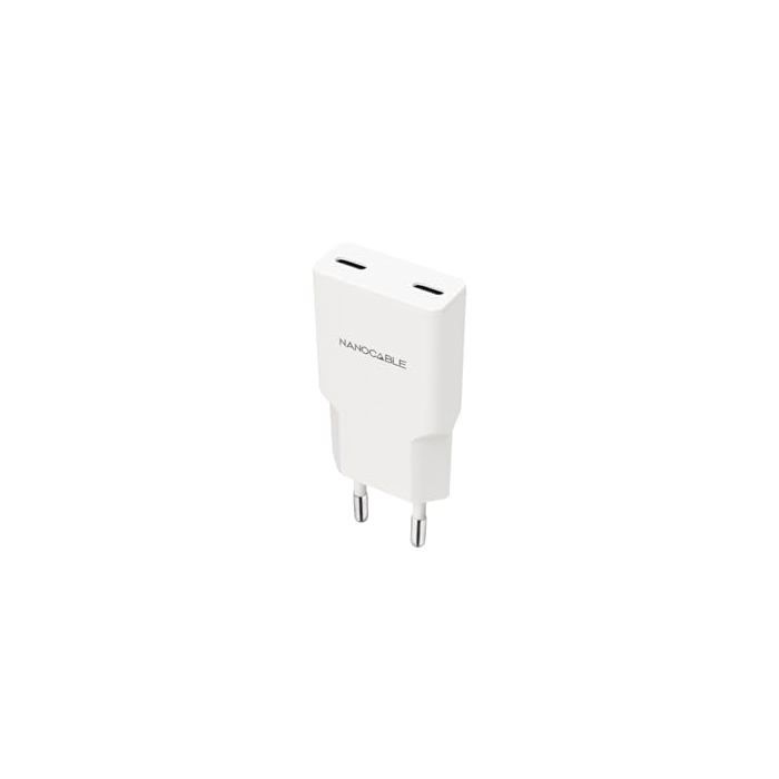 Chargeur USB-C 20W - Nano Cable - 2x USB-C PD - Blanc - 81x36x15 mm - Charge rapide - Protection court-circuit - Voyage
