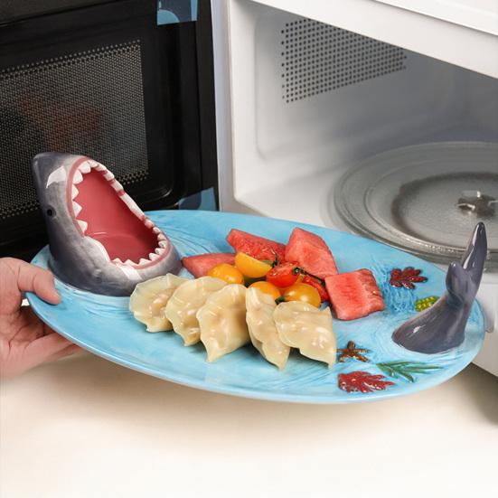 Shark Shape Dumpling Plate with Soy Sauce Dish Creative Handmade Shark Shape Platter for Sushi Cheese Board Party Tray Cute Home Dining Decor