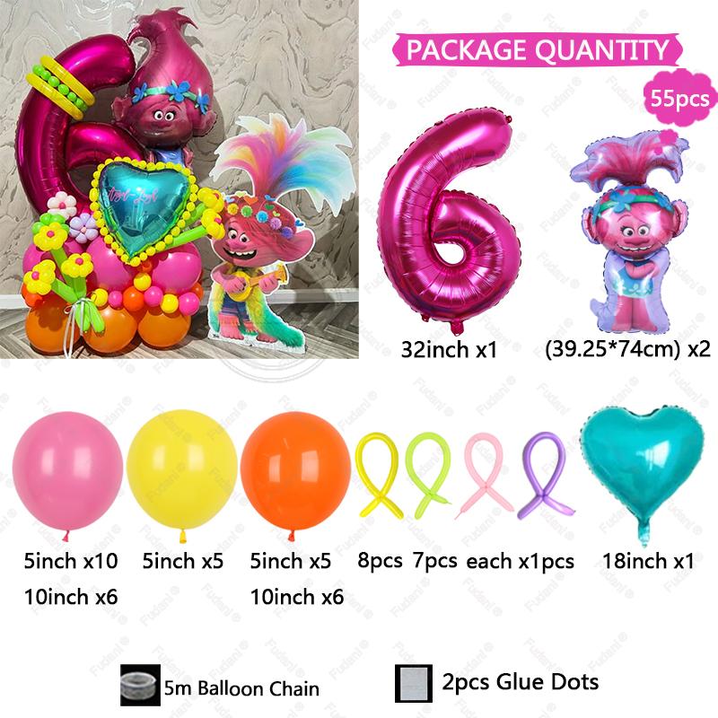 55pcs Troll Foil Helium Balloons Kit Birthday Magic Hair Theme Party Decorat Baby Shower Kids Toys Supplies Air Globlos Balloon