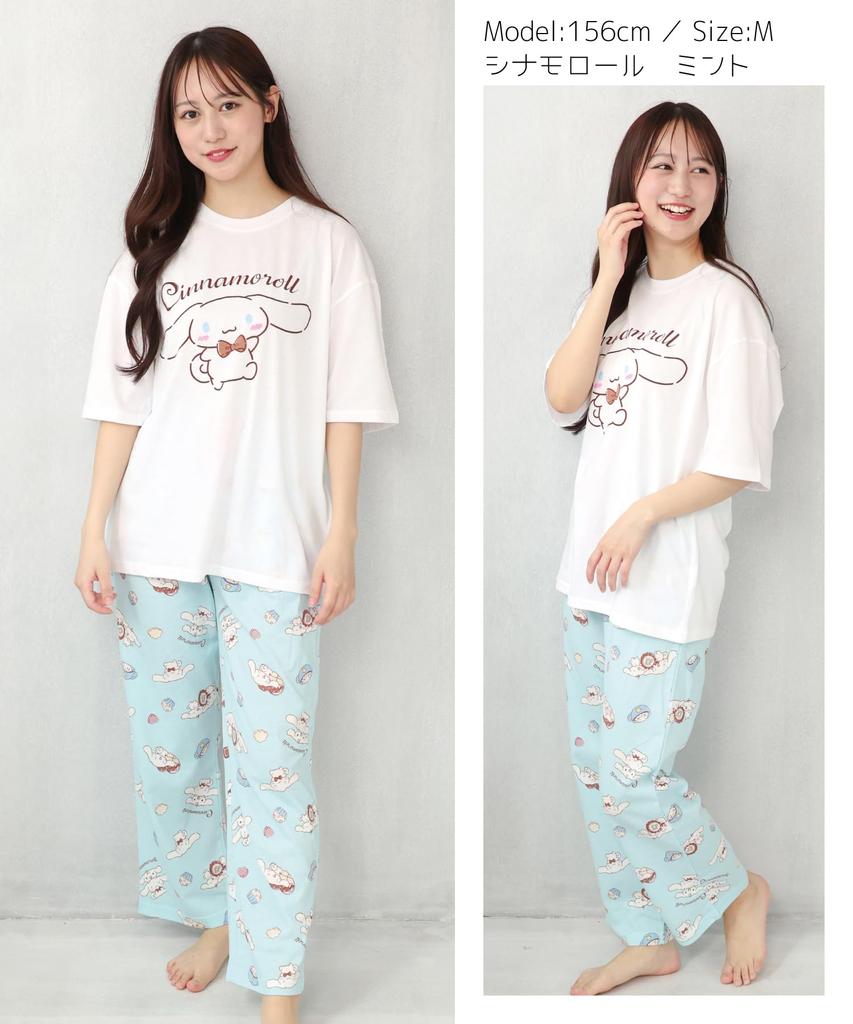SAZAC Cinnamoroll Pajama Set for Cotton Short Long and Top x Women, Jersey, Sleeves, Pants, T-Shirt, (White Mint/L/SAN1806)