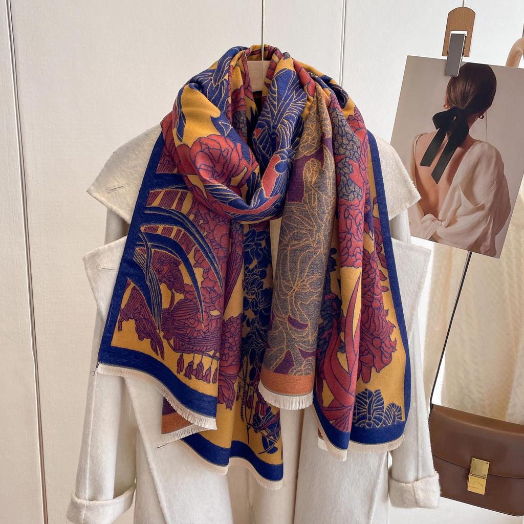 Korean Version Of Winter Imitation Cashmere Thickened Scarf High-End Simple And Elegant Flower Scarf Women'S Fashion Warm Versatile Shawl