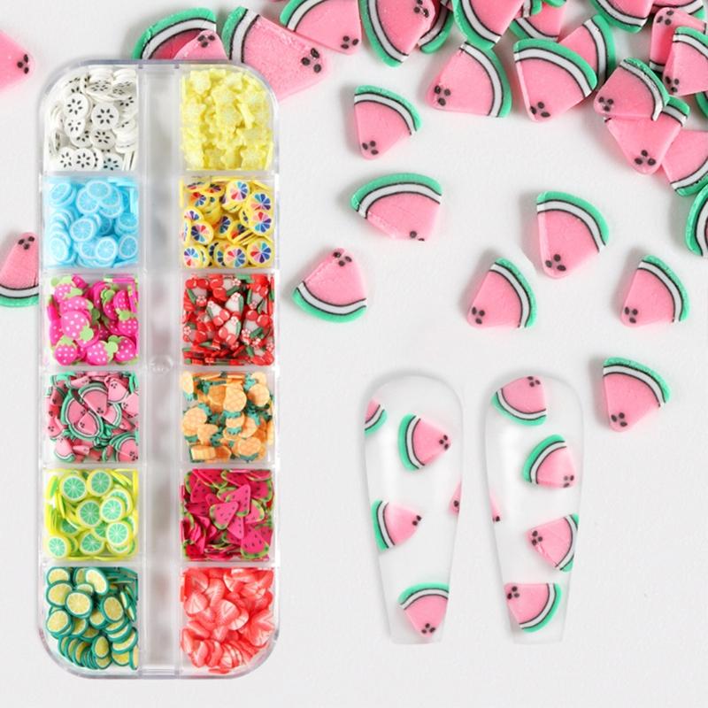 12 Grids/Box Fruit Soft Clay Beads Fruit Nail Art Supply Slime 3D Polymer Slices UV Epoxy Resin Mold Filler Decorations