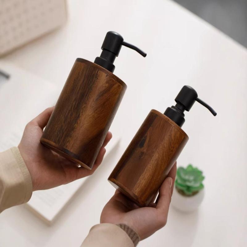 Handcrafted Walnut Wood Press Pump Bottle for Lotion Nordic Style Decorative and Functional Dispenser for Bathroom Vanity