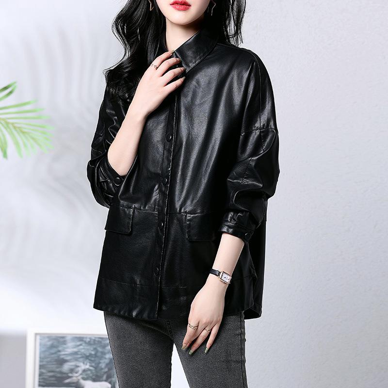 

Повседневная кожаная куртка женская весенне-осенняя одежда новая свободная модная тонкая кожаная куртка с лацканами топ 2XL чёрный