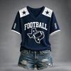 Women's V-Neck Short Sleeve T-Shirt with Football Graphic Print and Raglan Sleeves, Casual Summer Top