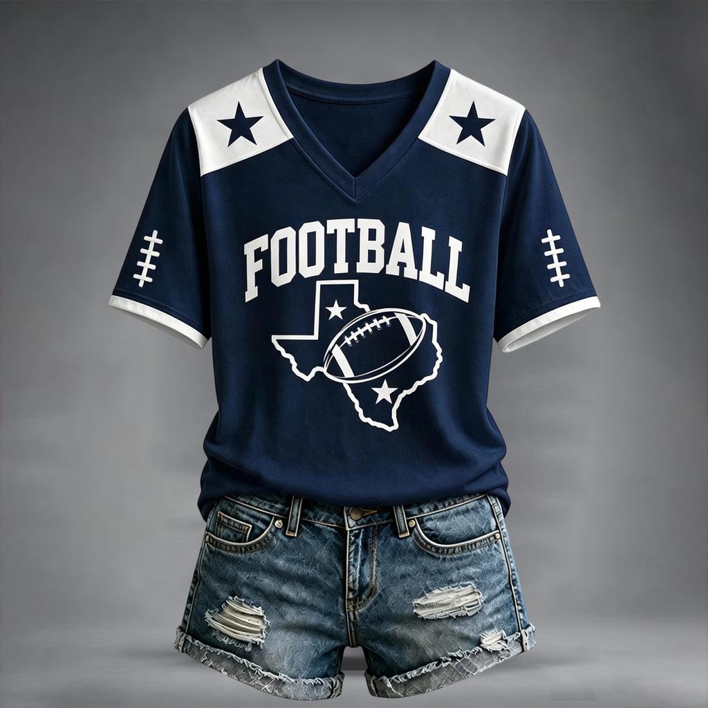 Women's V-Neck Short Sleeve T-Shirt with Football Graphic Print and Raglan Sleeves, Casual Summer Top
