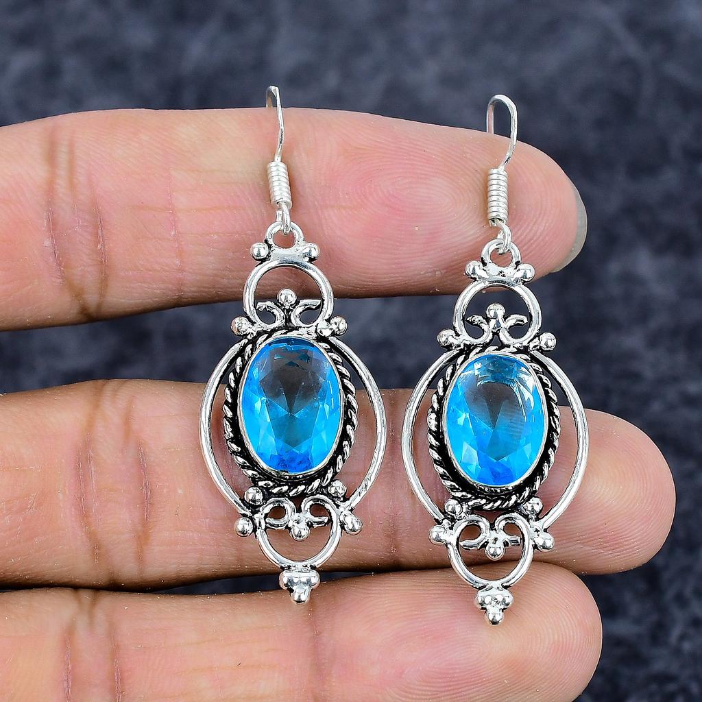 Blue Topaz Gemstone Handmade 925 Sterling Silver Jewelry Earring 2.21" M-3298