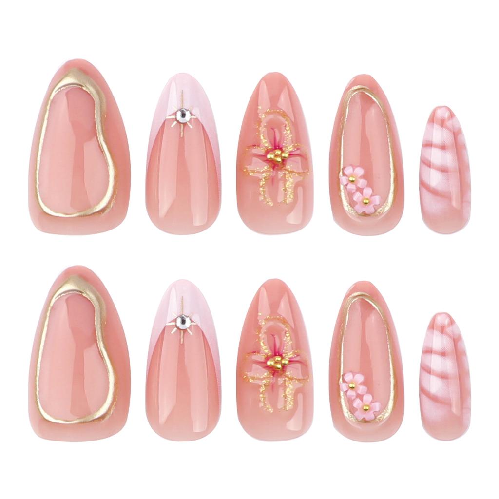 24pcs New Pink French Crocodile Pattern Manicure Removable Nail Sheet Glitter Powder Three-dimensional Flower Fake Nail Hot Stamping Wear Nail