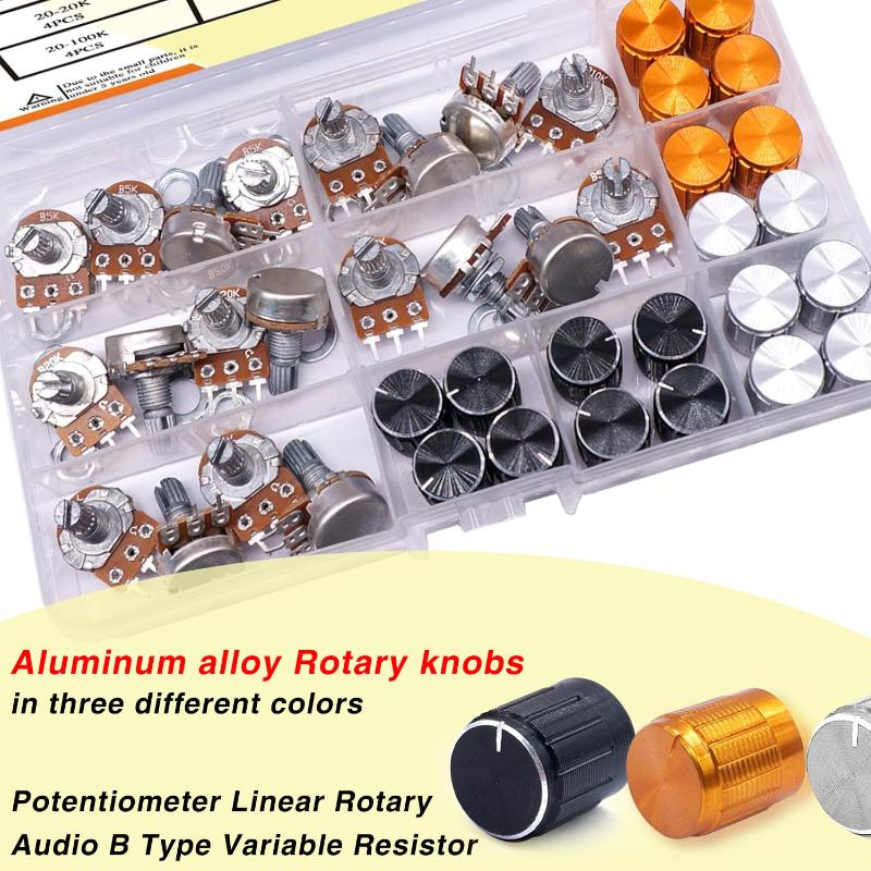 40PCS WH148 Potentiometer Kit 5K 10K 20K 50K 100K 15mm Linear Taper Rotary Potentiometer 3Pin With Rotary knobs and Nuts,Washers