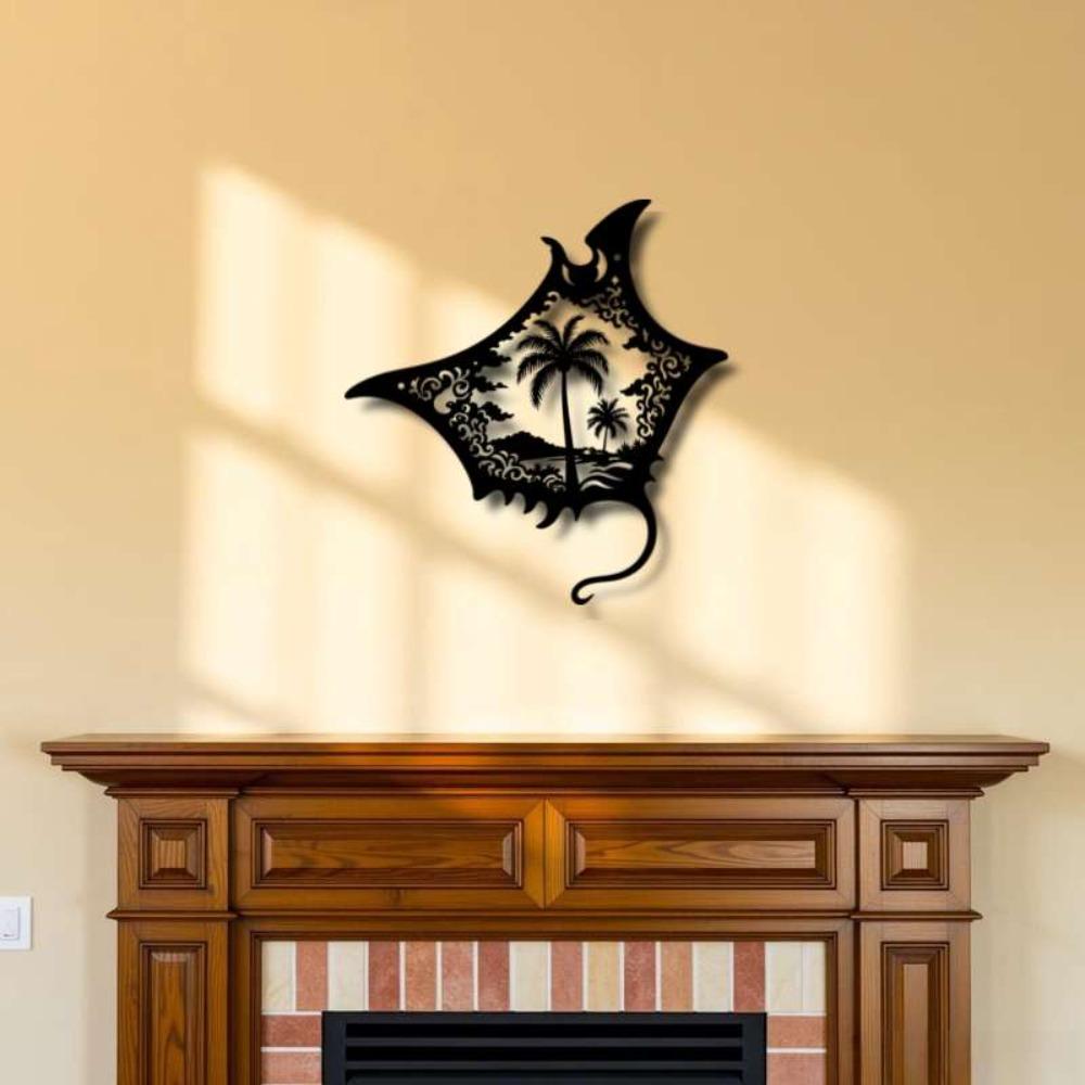 1pc Black Manta Ray Iron Wall Art, Tropical Palm Tree Ocean Scene, Modern Coastal Decor for Beach Bedroom Living Room, Travel Lover Gift, Easy Hang
