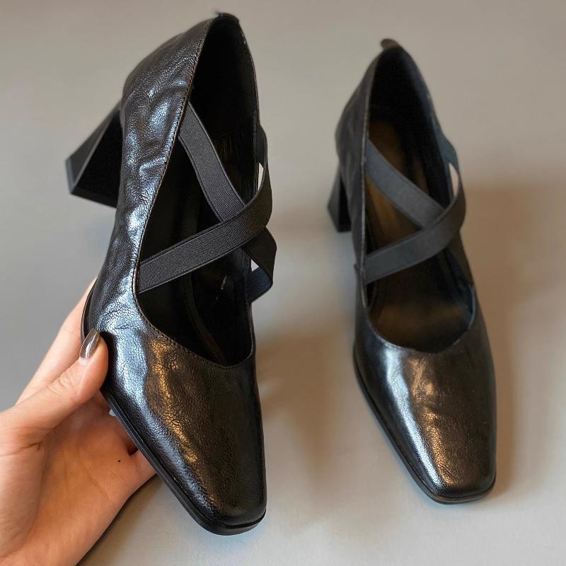 Comfortable Cross-tied Chunky Heel Pumps Women Elegant Square Toe Shallow Mouth Sandals Fashion Office Brand Shoes Tacones Mujer