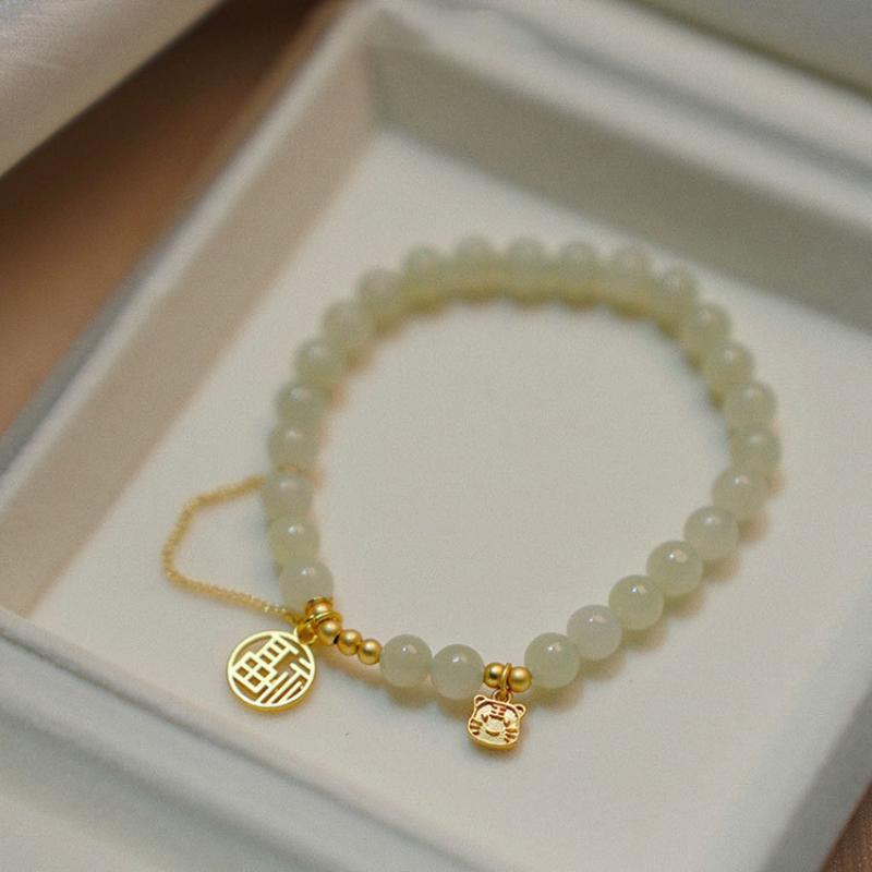 Natural Hotan Jade Bracelet for Women High-level Exquisite Cute Fu Word Tiger Pendant Bangles Party Jewelry for Girlfriend