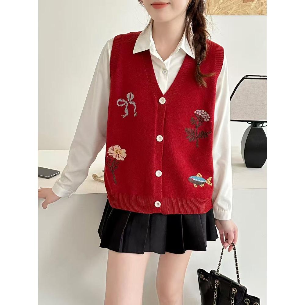 2026 Autumn Winter New Women Sweater Pullover Knitting Embroidery Floral Lady Tops Vest Tank Sleeveless Shirt Loose Casual Vintage