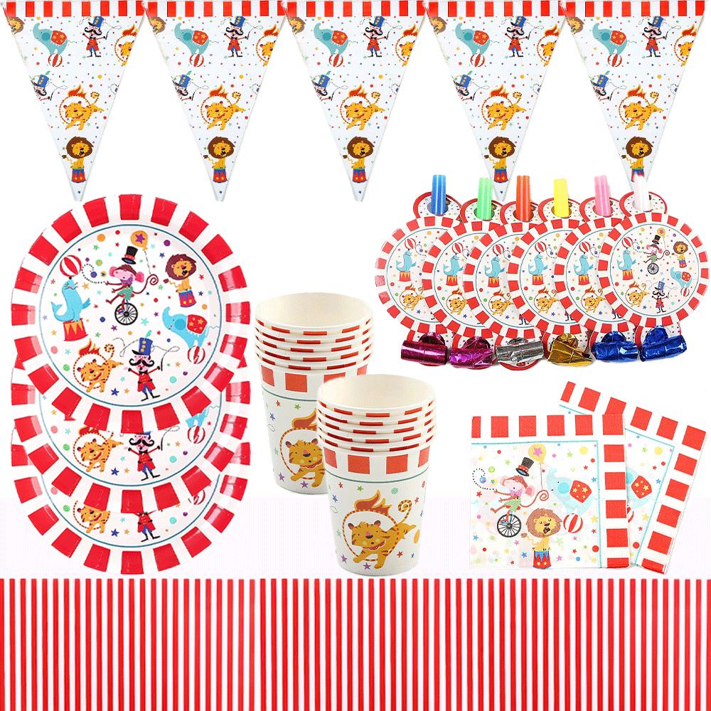 Carnival Party Circus Animal Paper Plate Cup Napkin Red and White Striped Tablecloth For Kids Birthday New Year Carnival Party