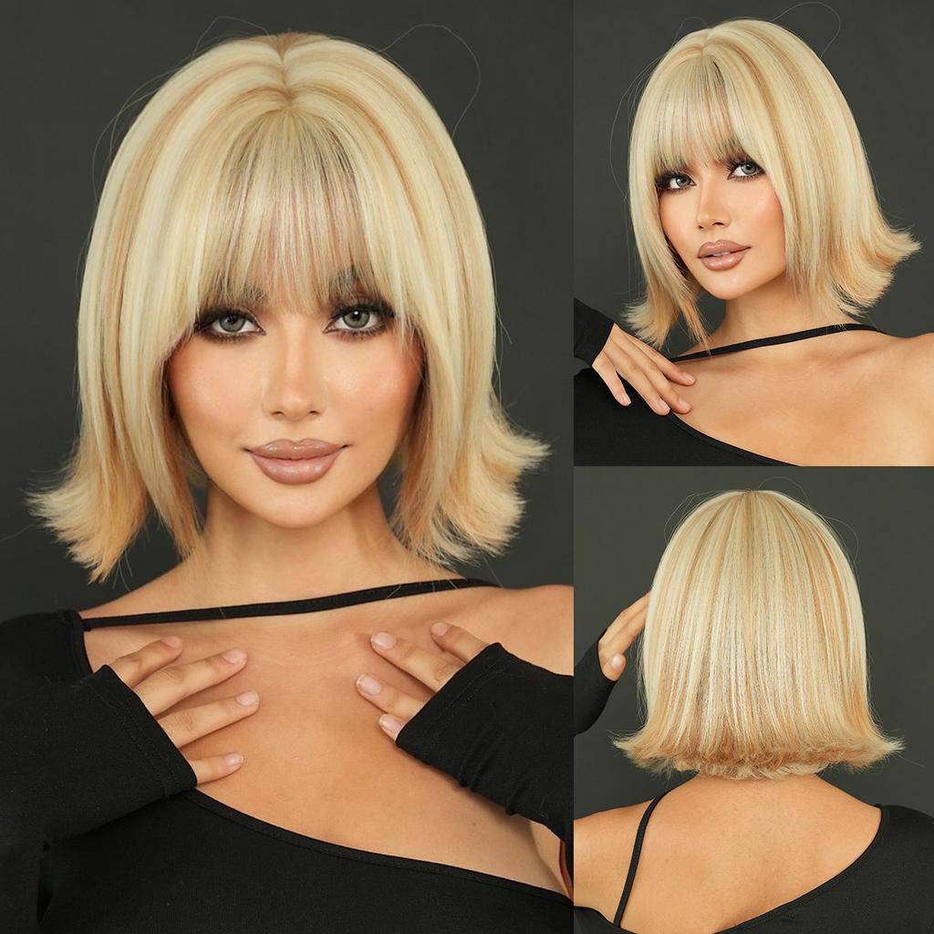 Daily Date Short Straight Synthetic Wigs for Women Blond Beige Bob Wigs with Bangs Cosplay Party Heat Resistant Fake Hair