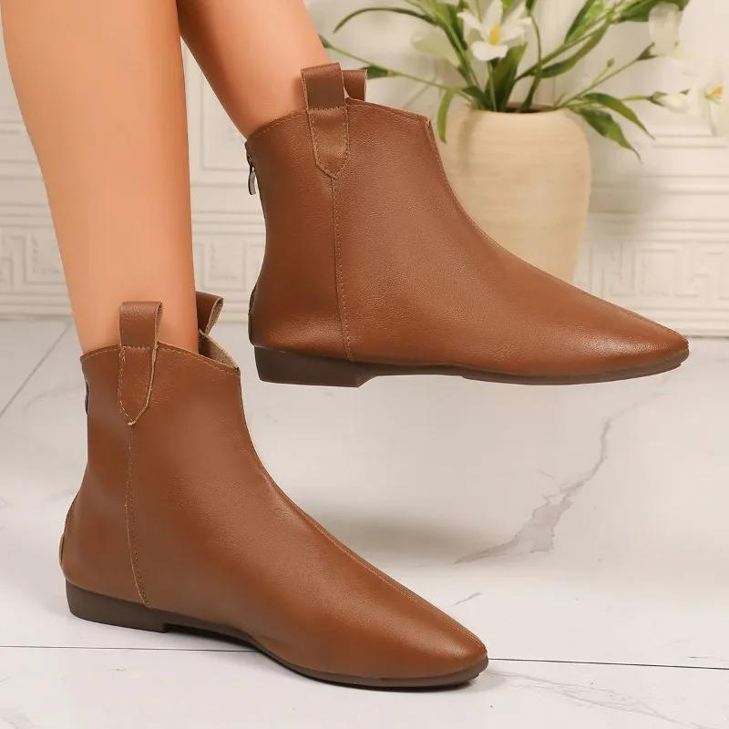 New Fashion Women'S Vintage Booties Fall Fashion Pointed Toe Rear Zip Soft Leather Low Follower Single Boots