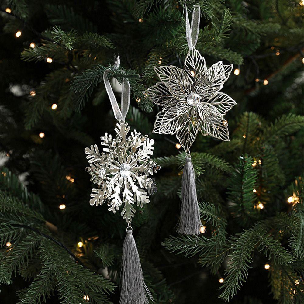 Silver Gold Christmas Snowflakes Pendants Exquisite Handmade Christmas Poinsettia Ornaments with Tassels Iron