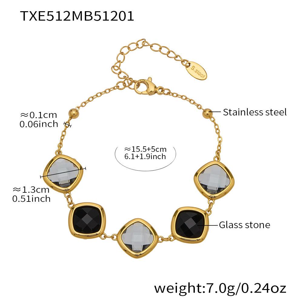 Stylish European & American Stainless Steel Jewelry Set with Square Faceted Glass Stones: Includes Bracelet, Necklace, and Earrings