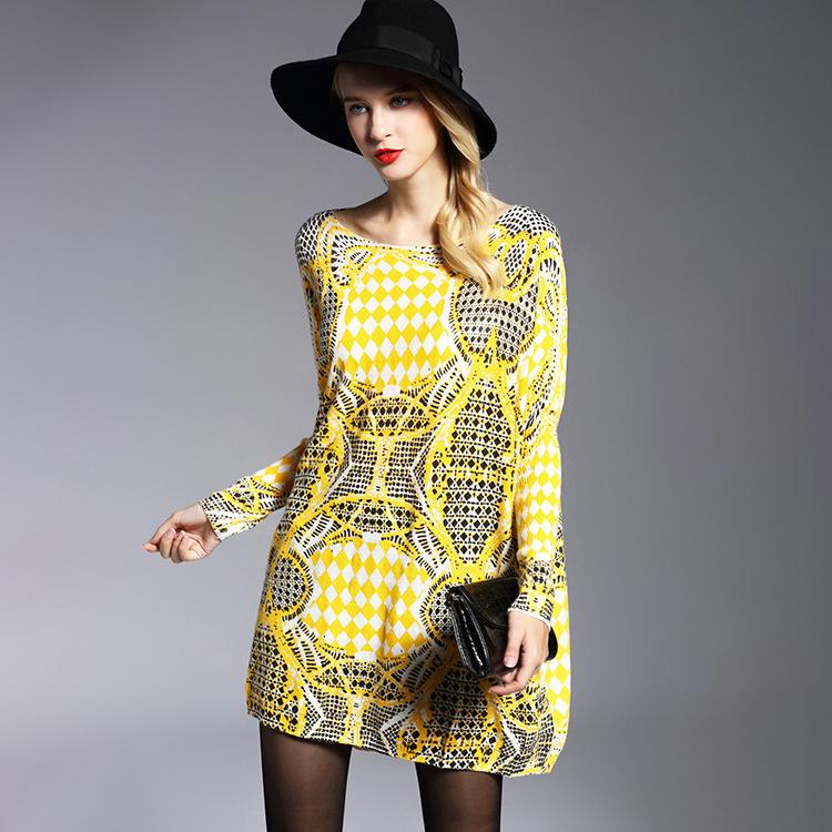 Spring and Autumn Women's Knit Dress Plus Size One Neck Long Sleeve Fashion Medium Long Knit Top