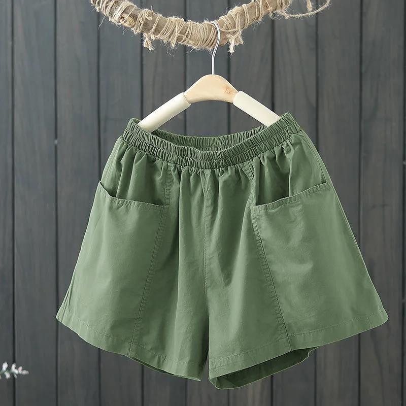 

Women s Elastic Waist Shorts Plus Size Wide Leg Pants with Pocket Casual Pure Cotton Shorts Summer 4XL зелёный