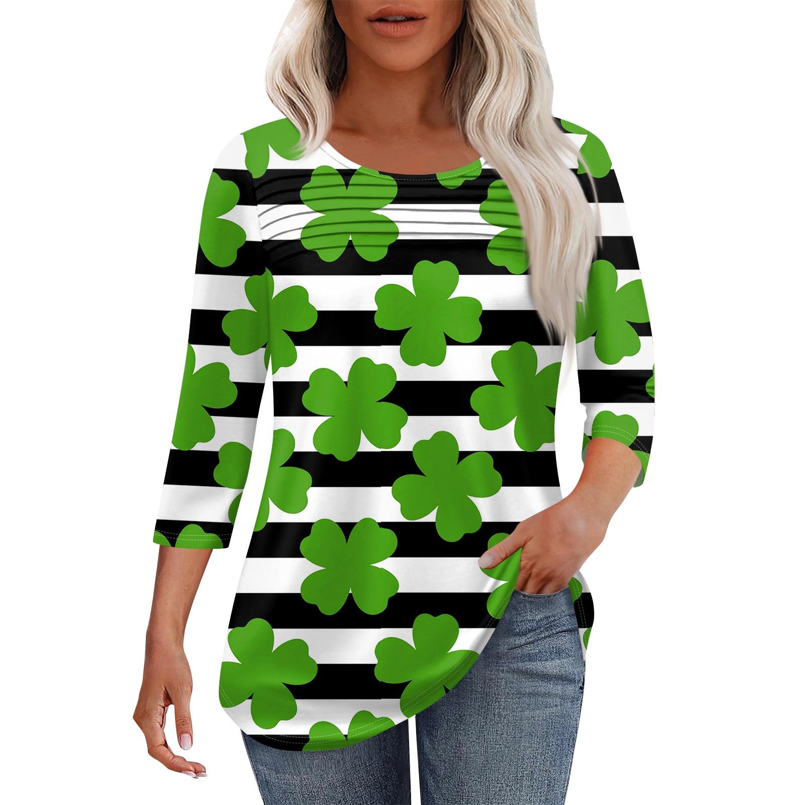 

Женская мода круглый вырез шея плиссированная передняя планка однотонный топ рукав 3/4 L армия зеленый